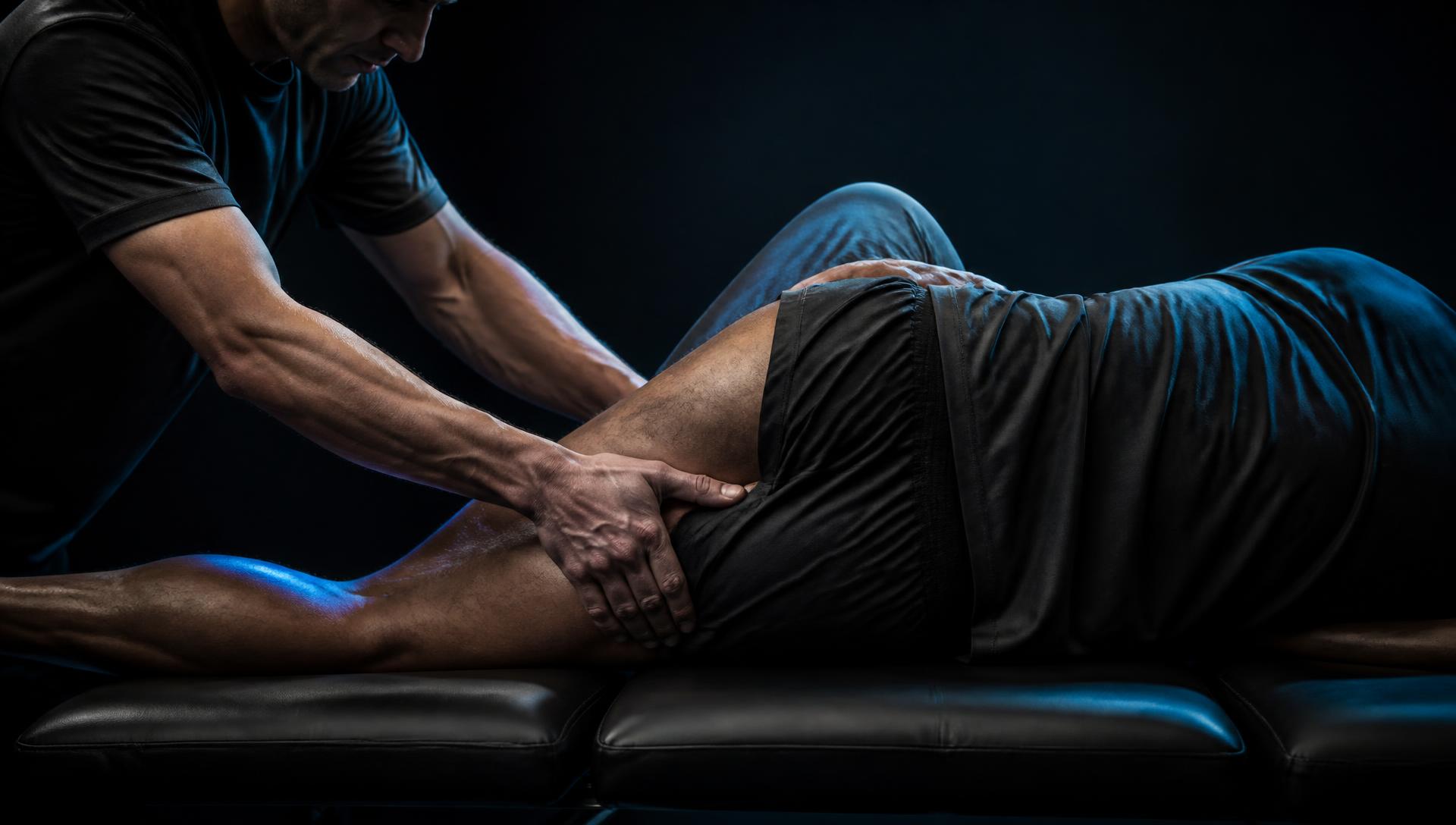 Manual therapist assessing an athlete's hip and pelvis during structural bodywork